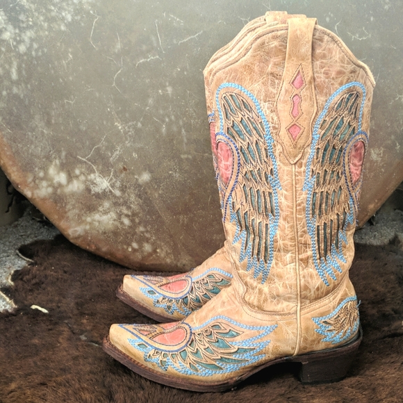 CORRAL A1976 wings & hearts distressed tan leather cowgirl boots snip toe sz 7 - Picture 3 of 16